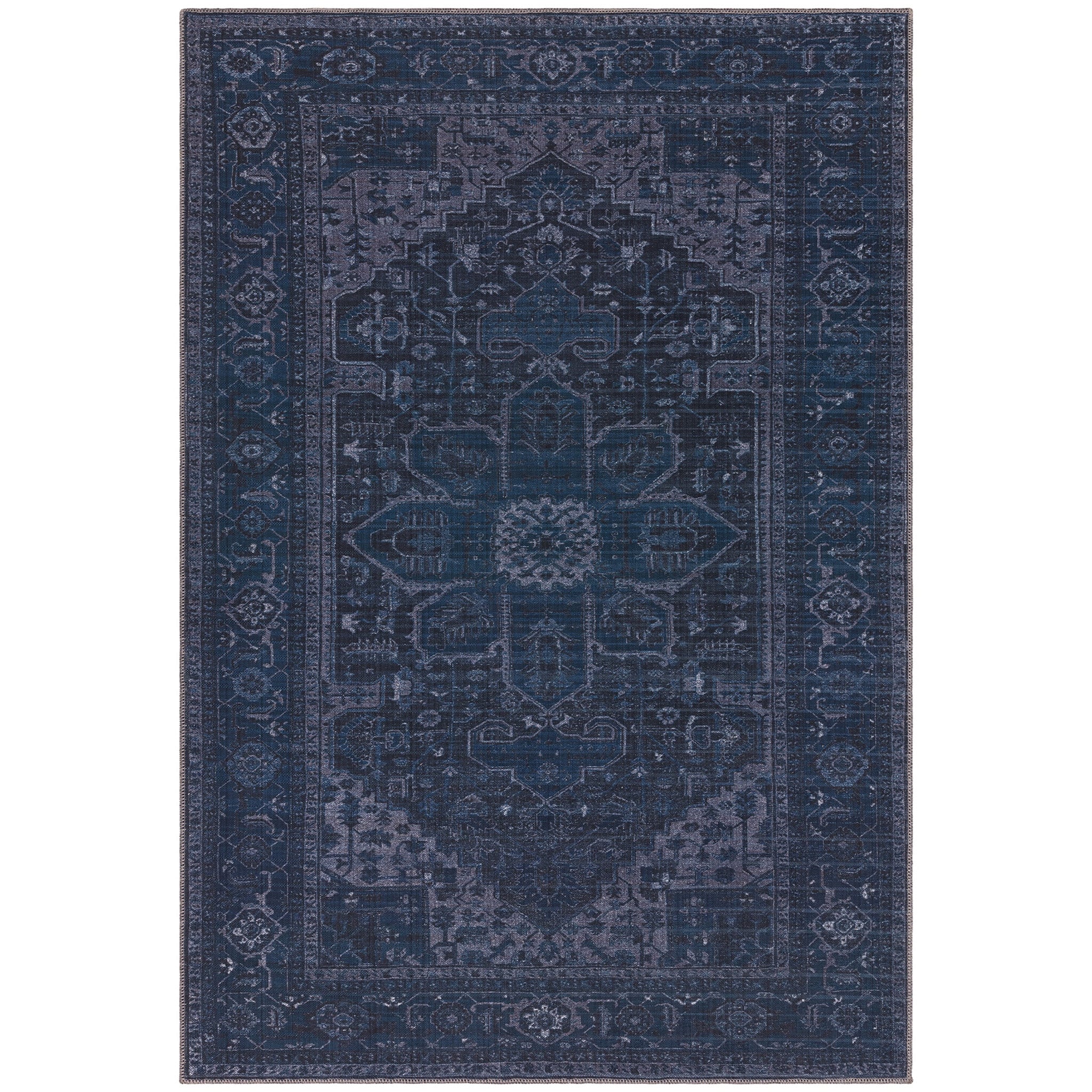 Vintage Persian style flatweave rug with a refined distressed finish, in an indigo colour. This rug is machine washable. Size Extra Large. Pile Height: 0.5mm Dimensions: 2000 x 2900 mm Materials: 80% Chenille, 20% Cotton Machine Woven in Turkey Delivery: 5-7 days